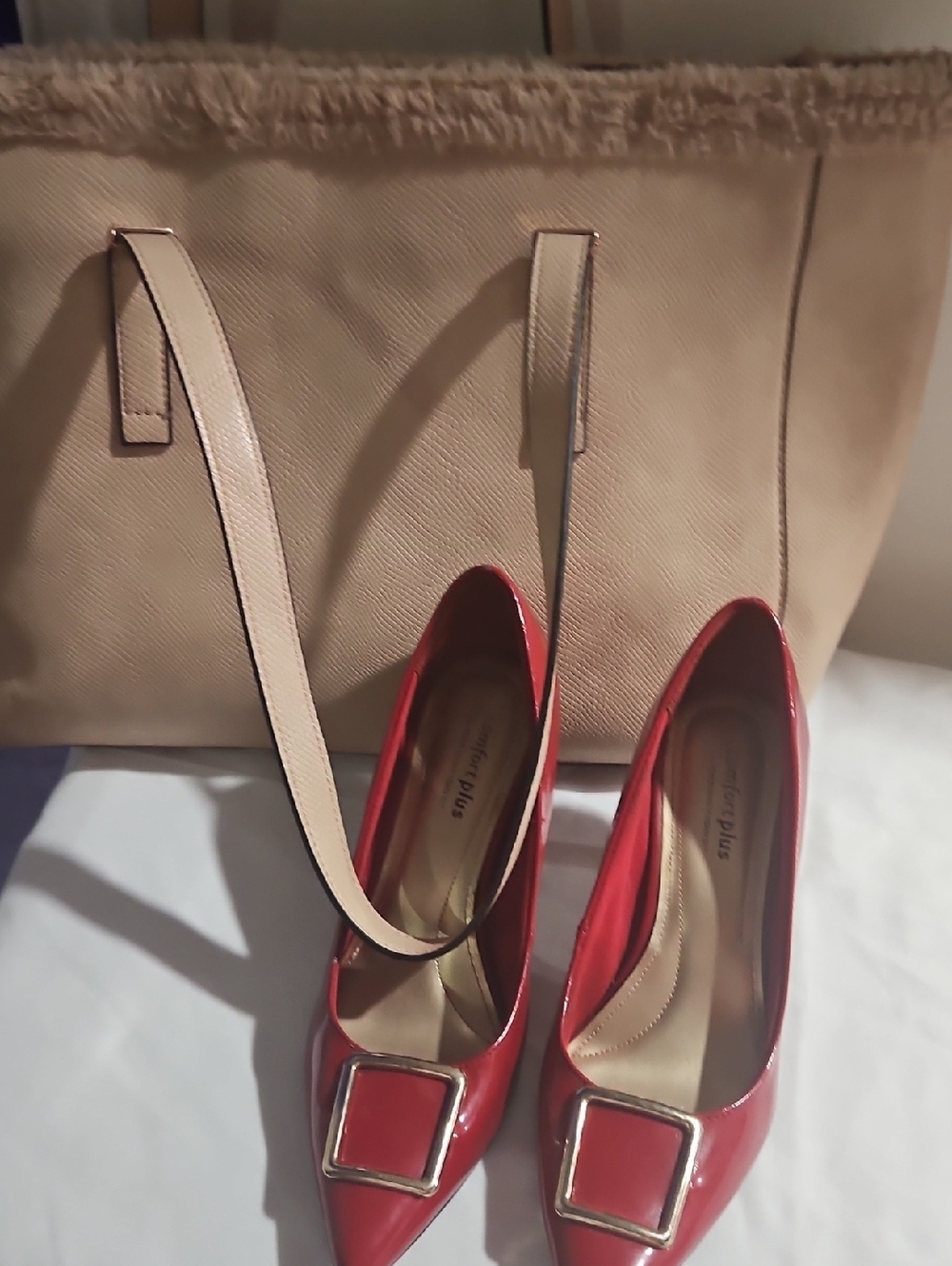 Women's Cream Saffiano Tote with Charm Accent And Black Heeled Sandals